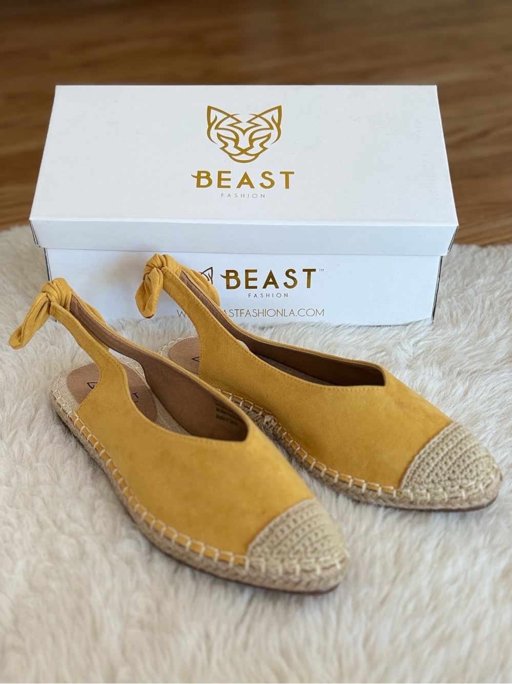 BEAST FASHION Faux Suede Yellow Slingback Espadrille Flats ~ New in Box